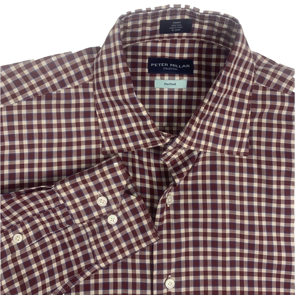 Peter Millar Shirt Men’s M Rust Plaid Cotton Long Sleeve Button Down Flex Finish